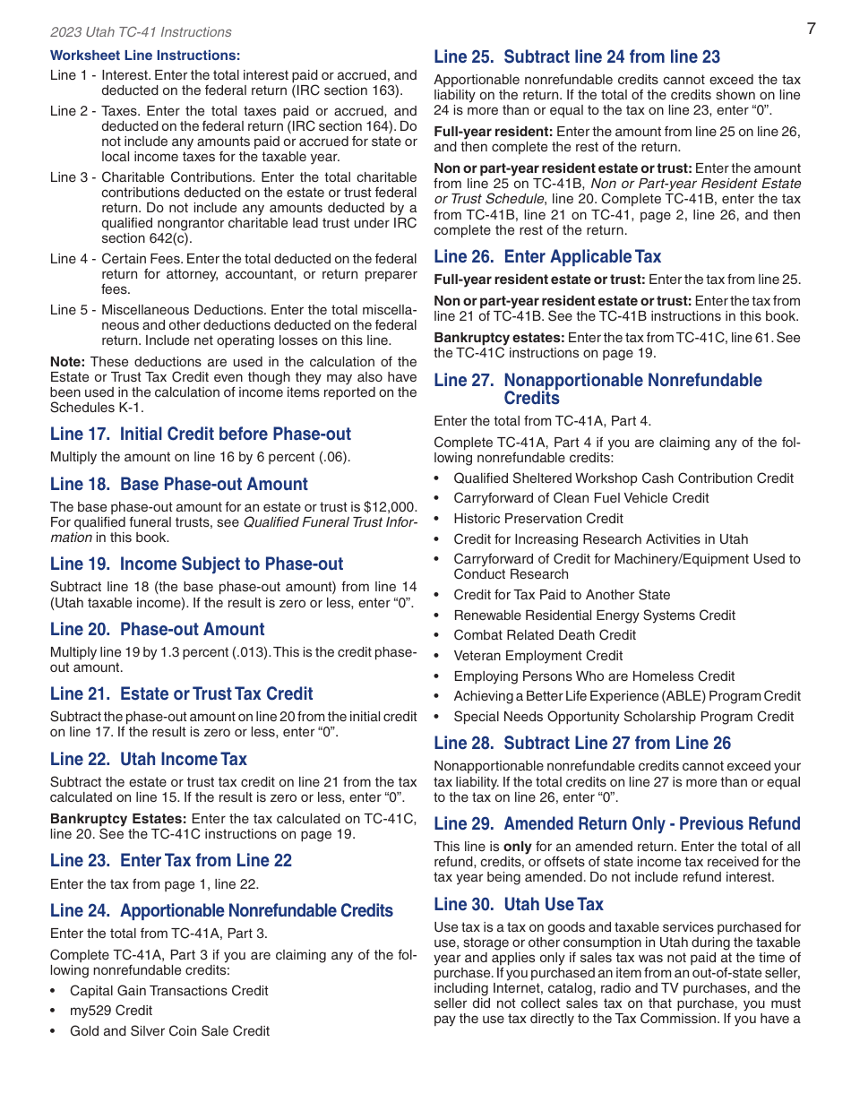 Instructions for Form TC-41 Utah Fiduciary Income Tax Return - Utah, Page 9