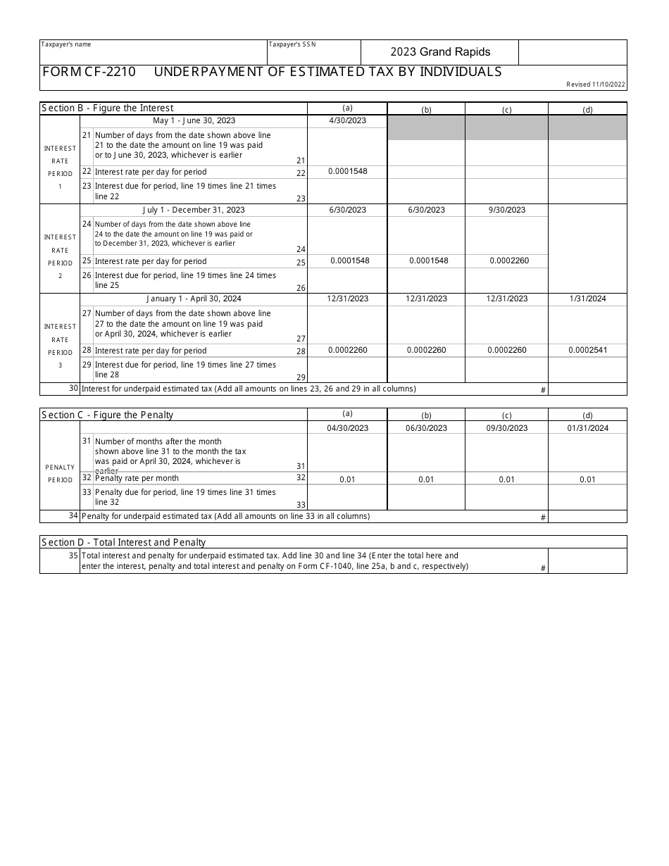 Form CF-2210 Underpayment of Estimated Tax by Individuals - City of Grand Rapids, Michigan, Page 2