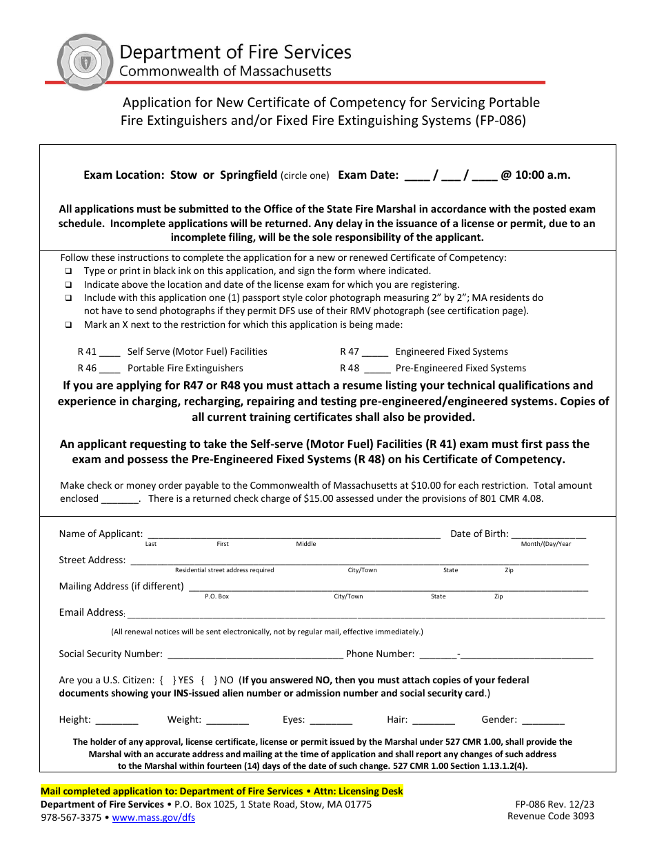 Form FP-086 Application for New Certificate of Competency for Servicing Portable Fire Extinguishers and / or Fixed Fire Extinguishing Systems - Massachusetts, Page 1