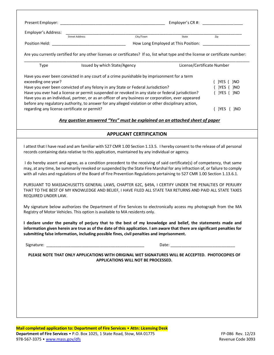 Form FP-086 Application for New Certificate of Competency for Servicing Portable Fire Extinguishers and / or Fixed Fire Extinguishing Systems - Massachusetts, Page 2