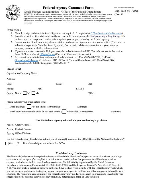 SBA Form 1993 Federal Agency Comment Form