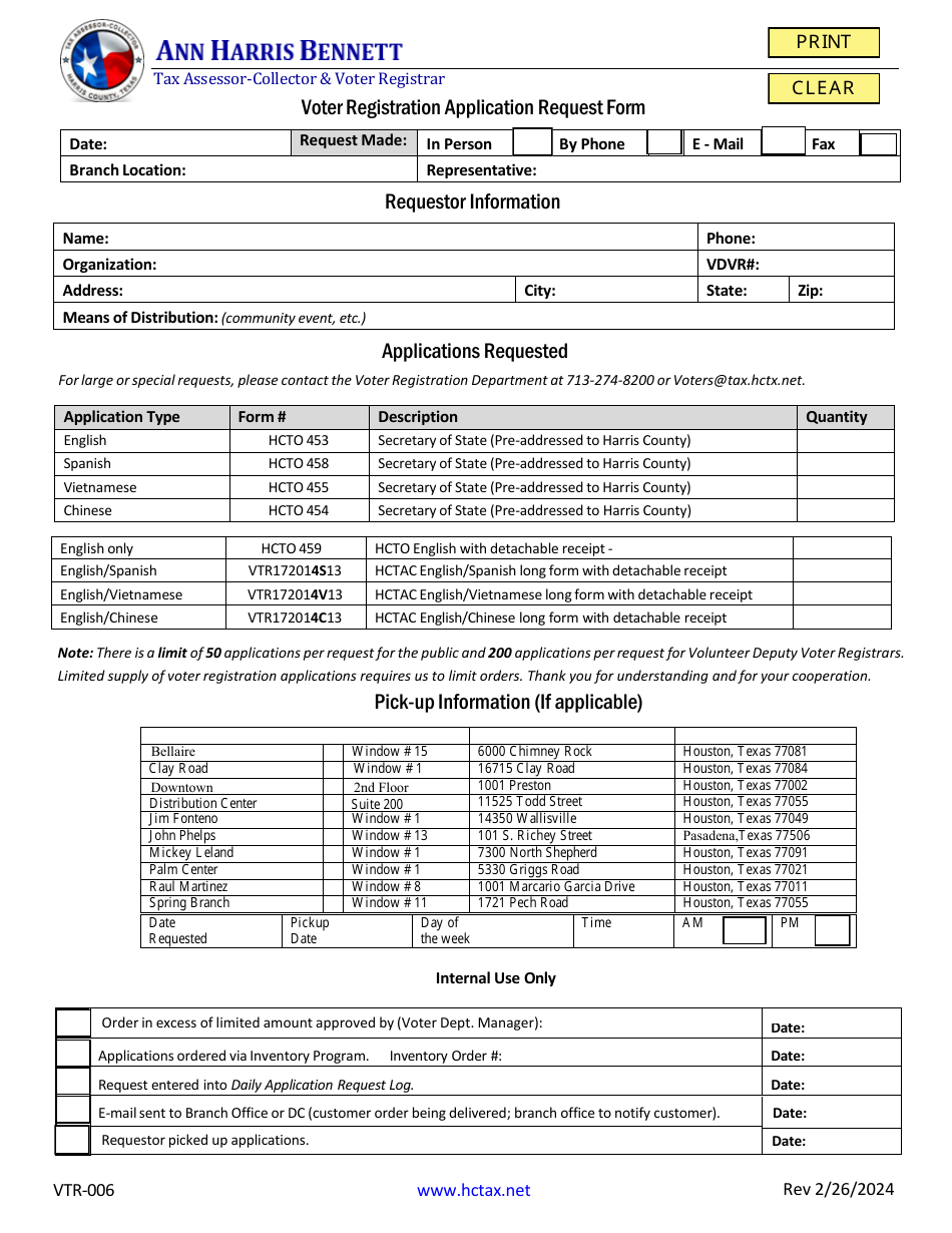 Form VTR-006 Voter Registration Application Request Form - Harris County, Texas, Page 1