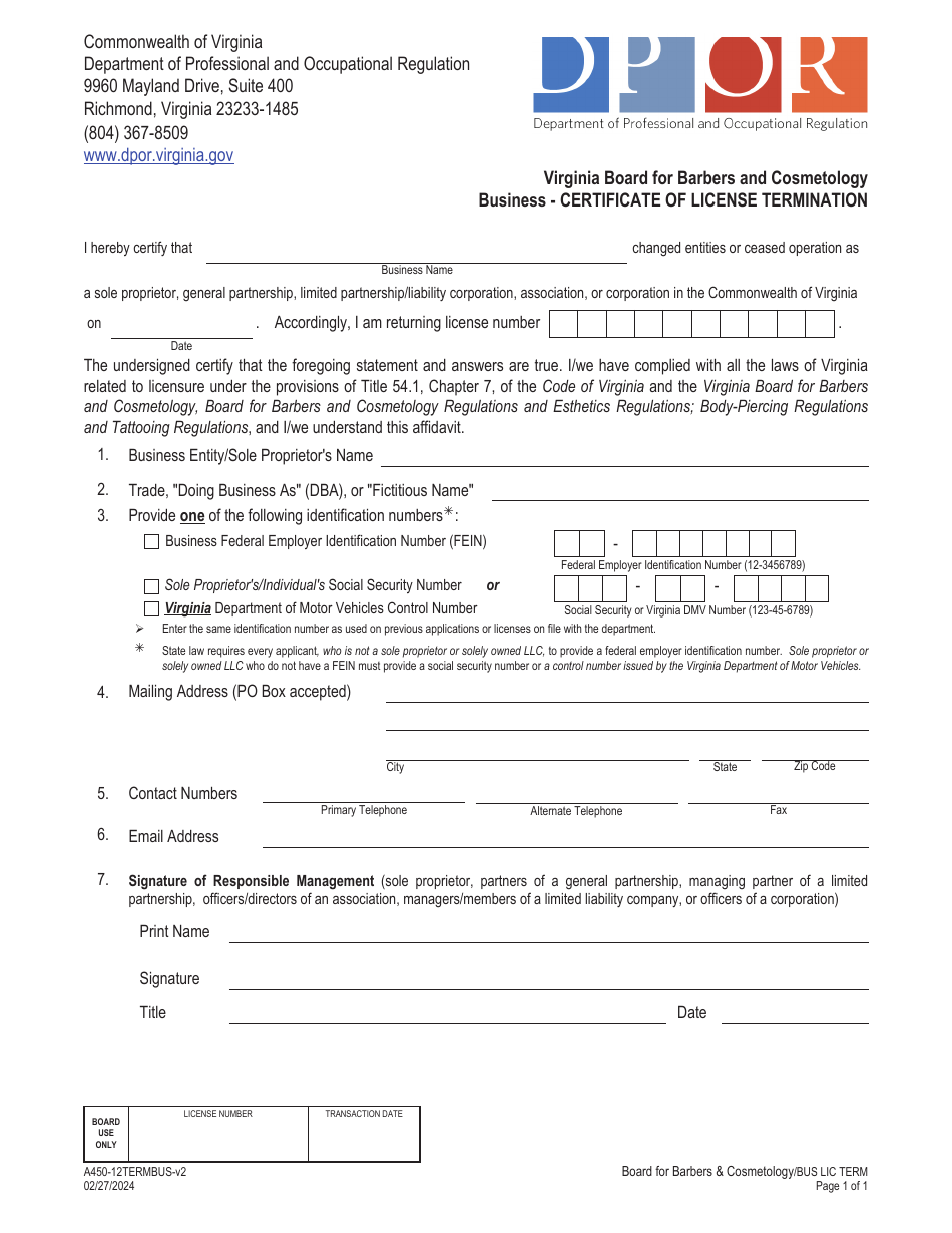 Form A450-12TERMBUS Business - Certificate of License Termination - Virginia, Page 1