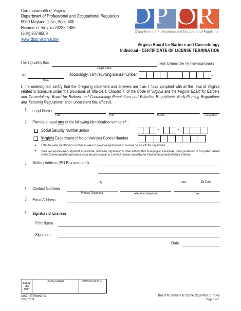 Form A450-12TERMIND Individual - Certificate of License Termination - Virginia
