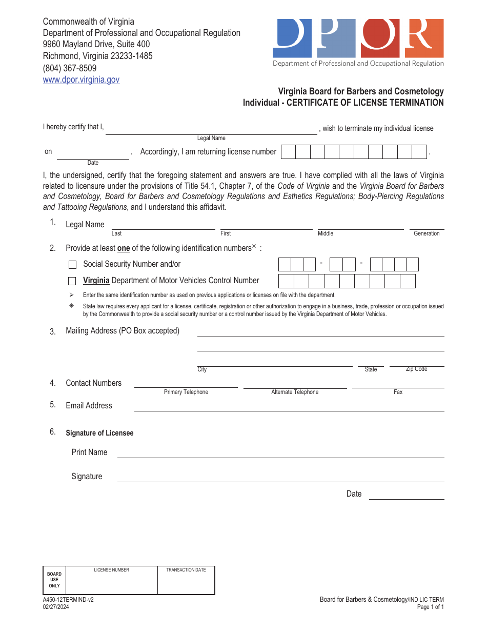 Form A450-12TERMIND Individual - Certificate of License Termination - Virginia, Page 1