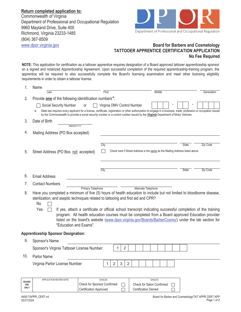 Form A450-TAPPR_CERT Tattooer Apprentice Certification Application - Virginia, Page 13