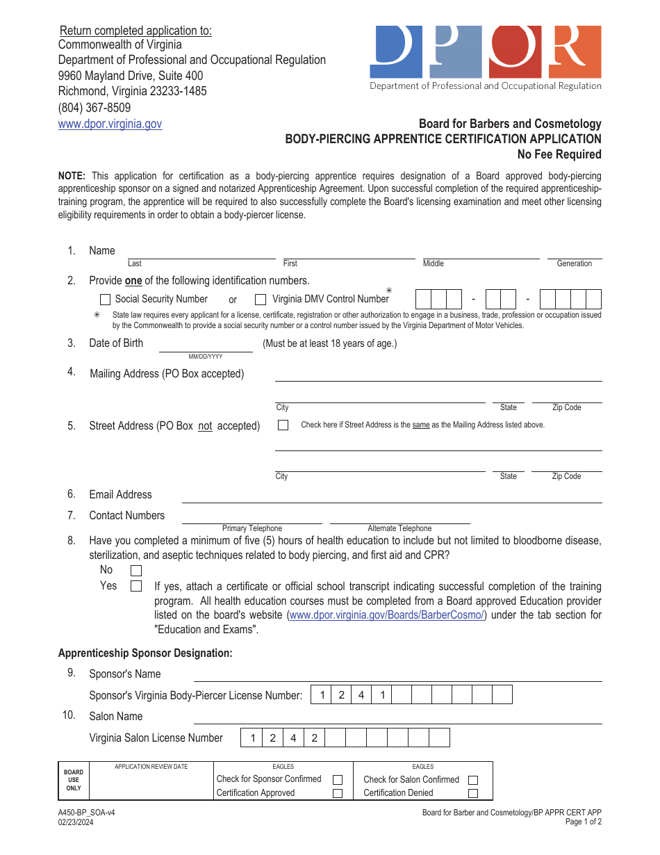 Form A450-BP_SOA Body-Piercing Apprentice Certification Application - Virginia, Page 13