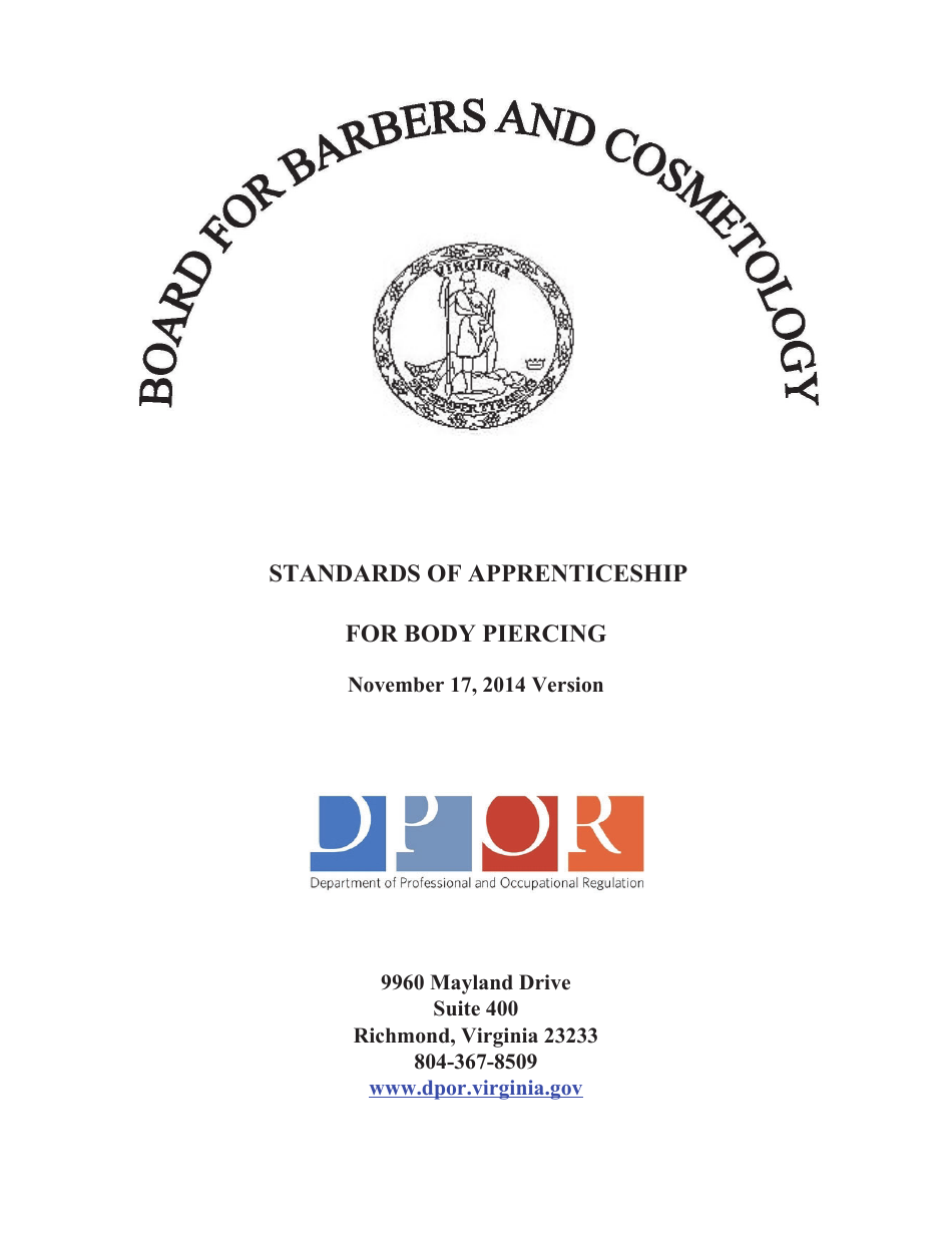 Form A450-BP_SOA Body-Piercing Apprentice Certification Application - Virginia, Page 1