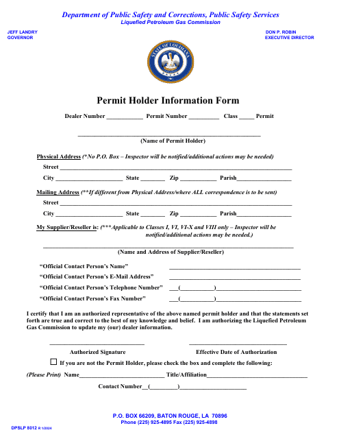 Form DPSLP8012 Permit Holder Information Form - Louisiana