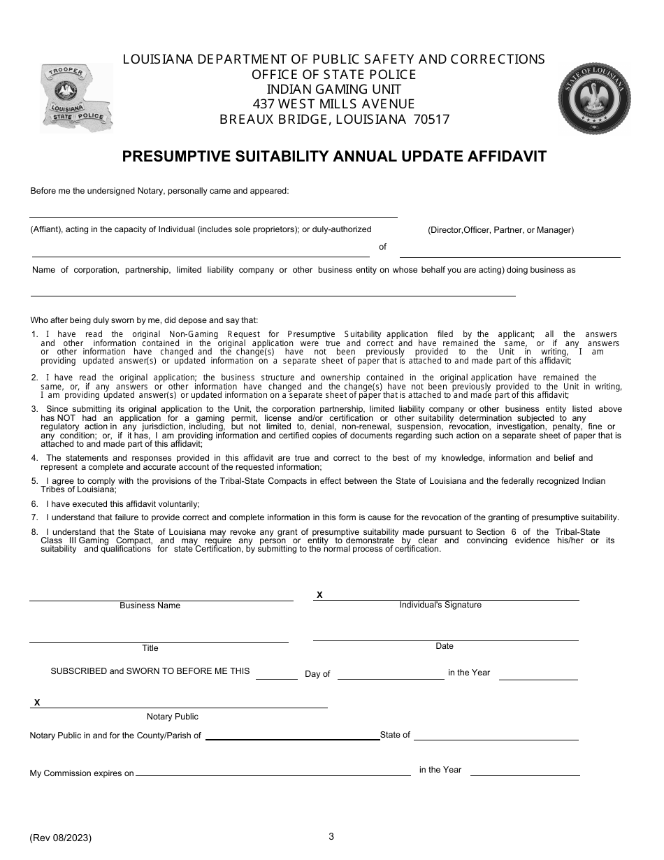 Louisiana Presumptive Suitability Annual Update Form and Affidavit ...