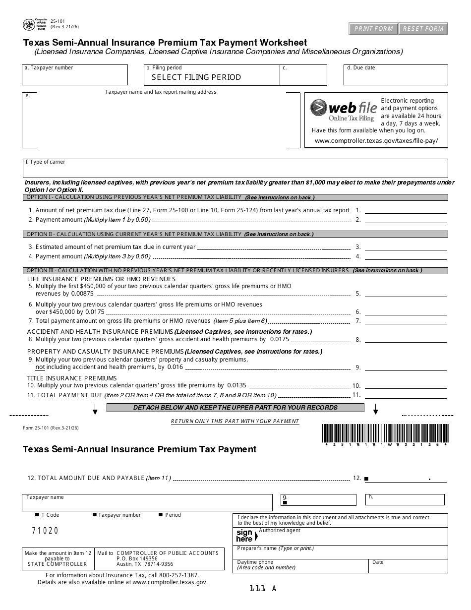 Form 25-101 Texas Semi-annual Insurance Premium Tax Payment Worksheet - Texas, Page 1