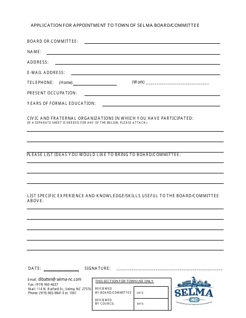 Application for Appointment to Town of Selma Board / Committee - Town of Selma, North Carolina Download Pdf