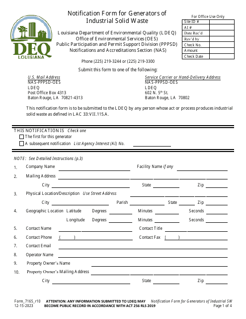 Form 7165 Notification Form for Generators of Industrial Solid Waste - Louisiana