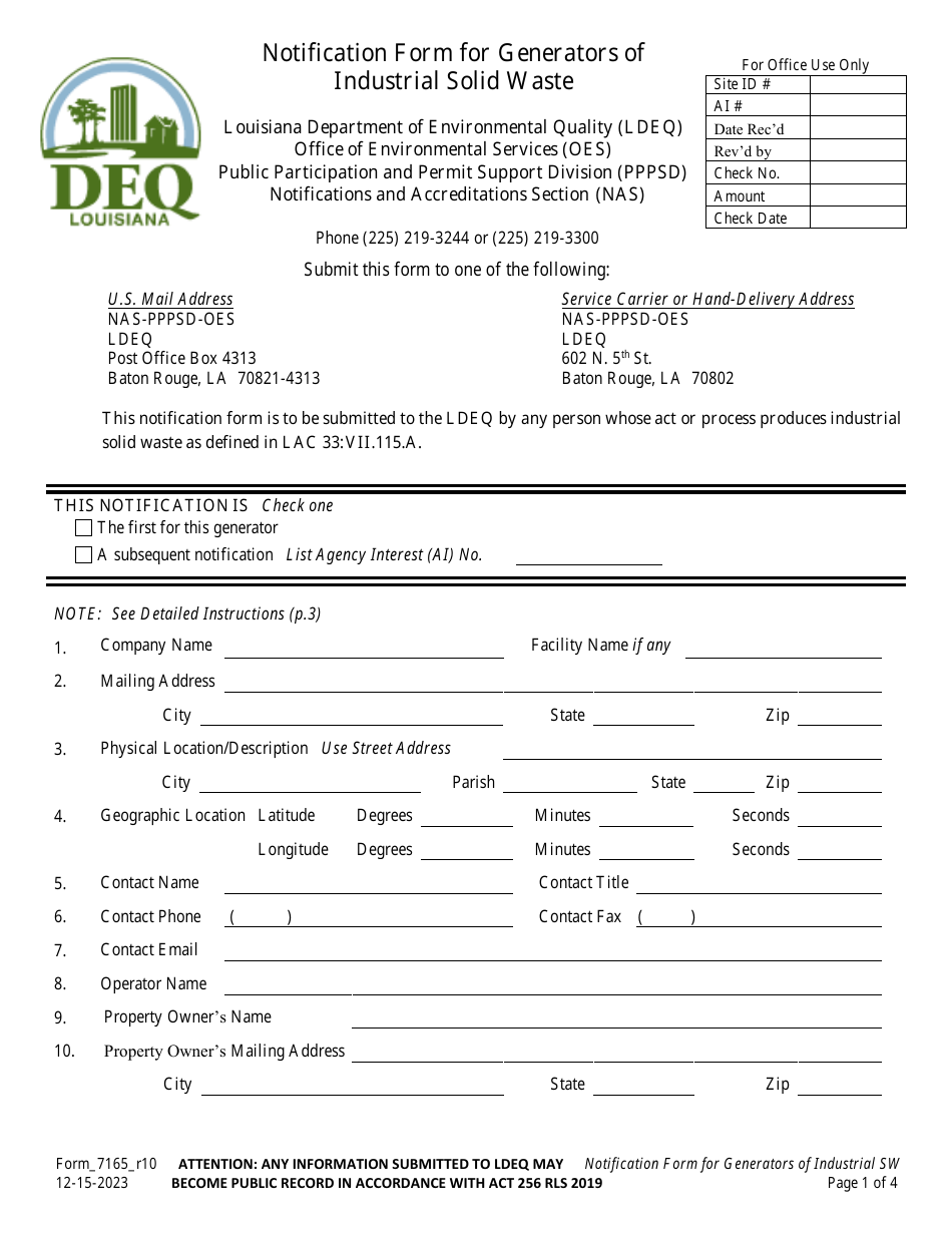 Form 7165 Notification Form for Generators of Industrial Solid Waste - Louisiana, Page 1