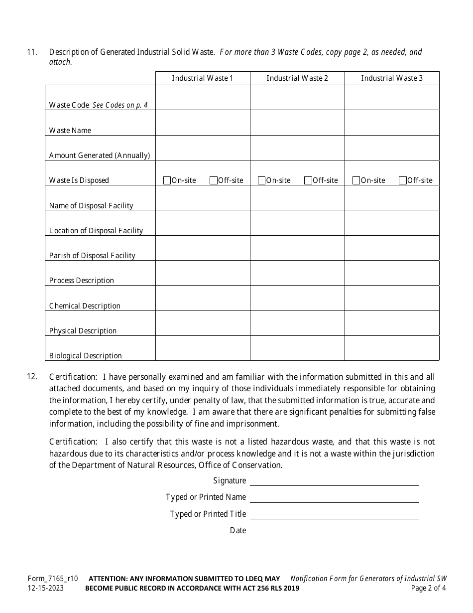 Form 7165 Notification Form for Generators of Industrial Solid Waste - Louisiana, Page 2