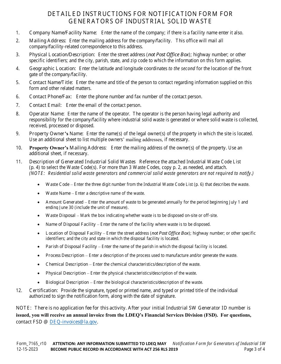 Form 7165 Notification Form for Generators of Industrial Solid Waste - Louisiana, Page 3