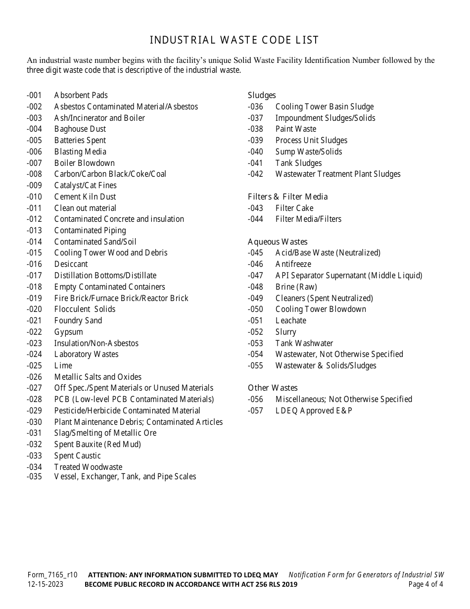 Form 7165 Notification Form for Generators of Industrial Solid Waste - Louisiana, Page 4