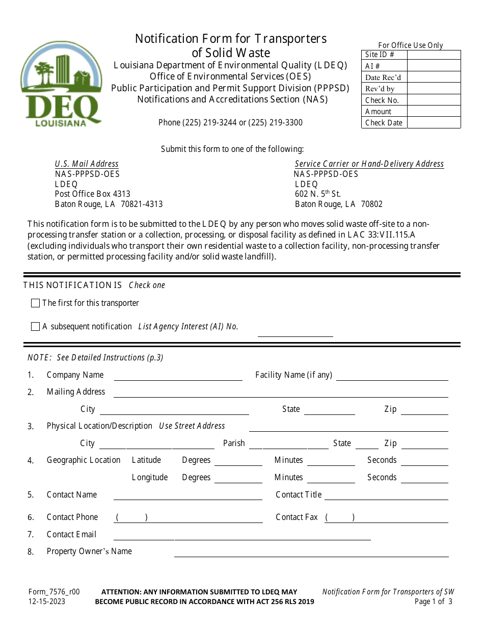 Form 7576 Notification Form for Transporters of Solid Waste - Louisiana, Page 1