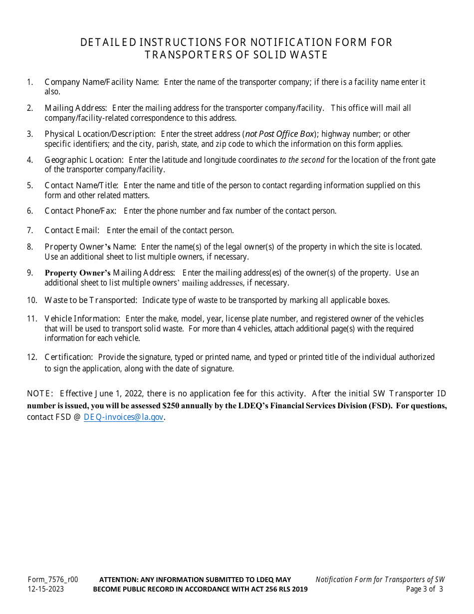 Form 7576 Notification Form for Transporters of Solid Waste - Louisiana, Page 3