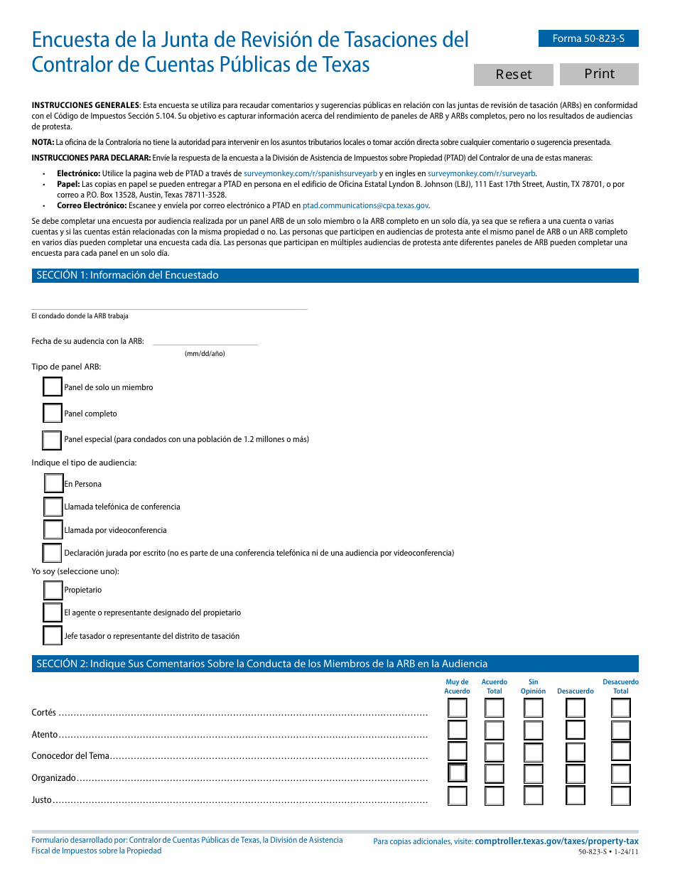 Formulario 50-823-S Encuesta De La Junta De Revision De Tasaciones Del Contralor De Cuentas Publicas De Texas - Texas (Spanish), Page 1