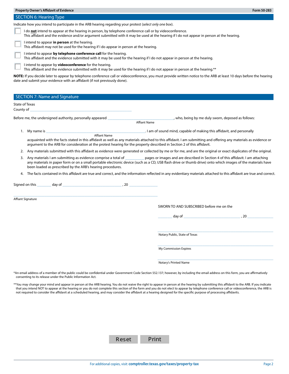 Form 50-283 Property Owners Affidavit of Evidence - Texas, Page 2