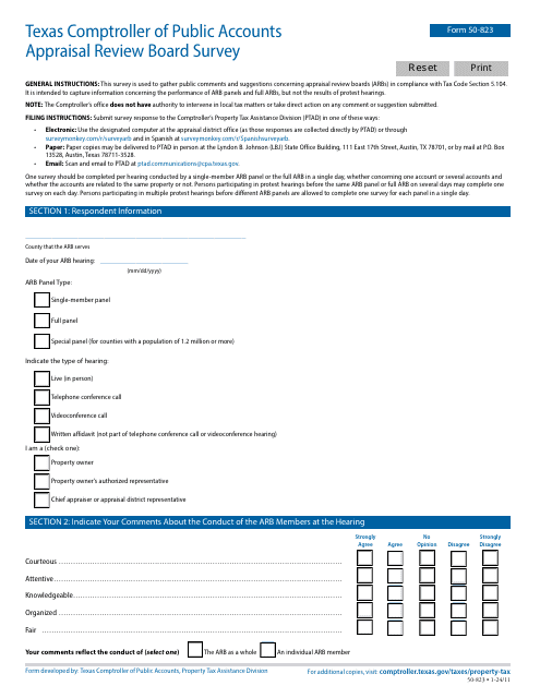 Form 50-823 Texas Comptroller of Public Accounts Appraisal Review Board Survey - Texas