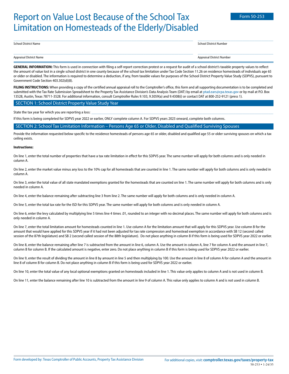 Form 50-253 Report on Value Lost Because of the School Tax Limitation on Homesteads of the Elderly / Disabled - Texas, Page 1