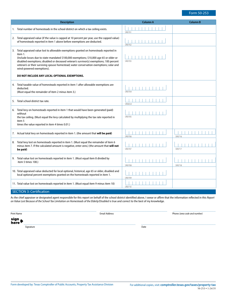 Form 50-253 Report on Value Lost Because of the School Tax Limitation on Homesteads of the Elderly / Disabled - Texas, Page 2