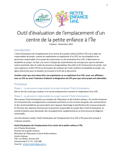 Outil D'evaluation De L'emplacement D'un Centre De La Petite Enfance a L'lle - Prince Edward Island, Canada (French)