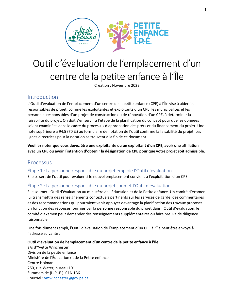 Outil Devaluation De Lemplacement Dun Centre De La Petite Enfance a Llle - Prince Edward Island, Canada (French), Page 1