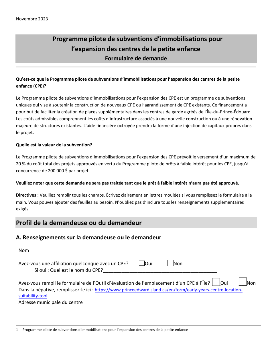 Formulaire De Demande - Programme Pilote De Subventions Dimmobilisations Pour Lexpansion DES Centres De La Petite Enfance - Prince Edward Island, Canada (French), Page 1