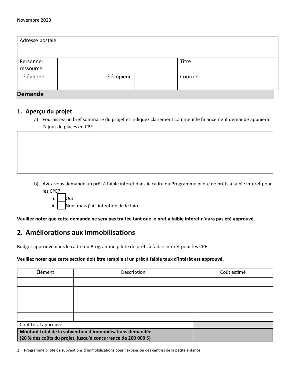 Formulaire De Demande - Programme Pilote De Subventions Dimmobilisations Pour Lexpansion DES Centres De La Petite Enfance - Prince Edward Island, Canada (French), Page 2