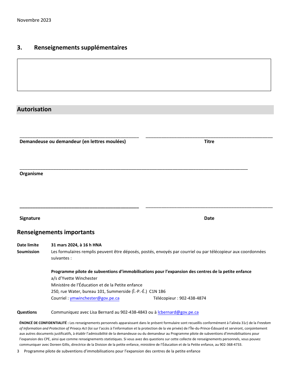 Formulaire De Demande - Programme Pilote De Subventions Dimmobilisations Pour Lexpansion DES Centres De La Petite Enfance - Prince Edward Island, Canada (French), Page 3