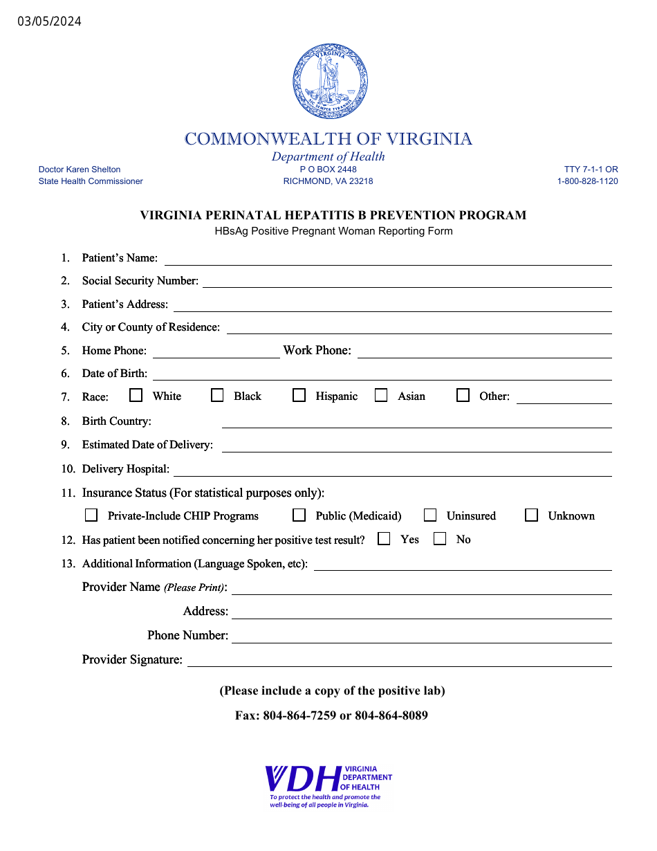 Hbsag Positive Pregnant Woman Reporting Form - Virginia Perinatal Hepatitis B Prevention Program - Virginia, Page 1