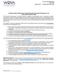 Form WDVA2216 Grant Application - Veterans Employment and Transition Support Grant Program - Wisconsin