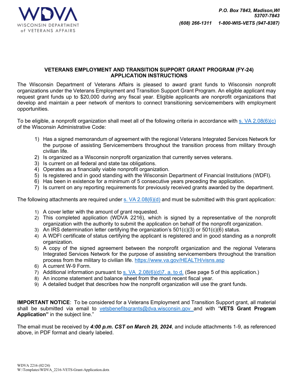 Form WDVA2216 Grant Application - Veterans Employment and Transition Support Grant Program - Wisconsin, Page 1