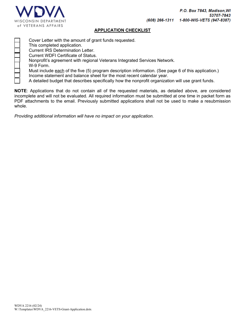 Form WDVA2216 Grant Application - Veterans Employment and Transition Support Grant Program - Wisconsin, Page 2