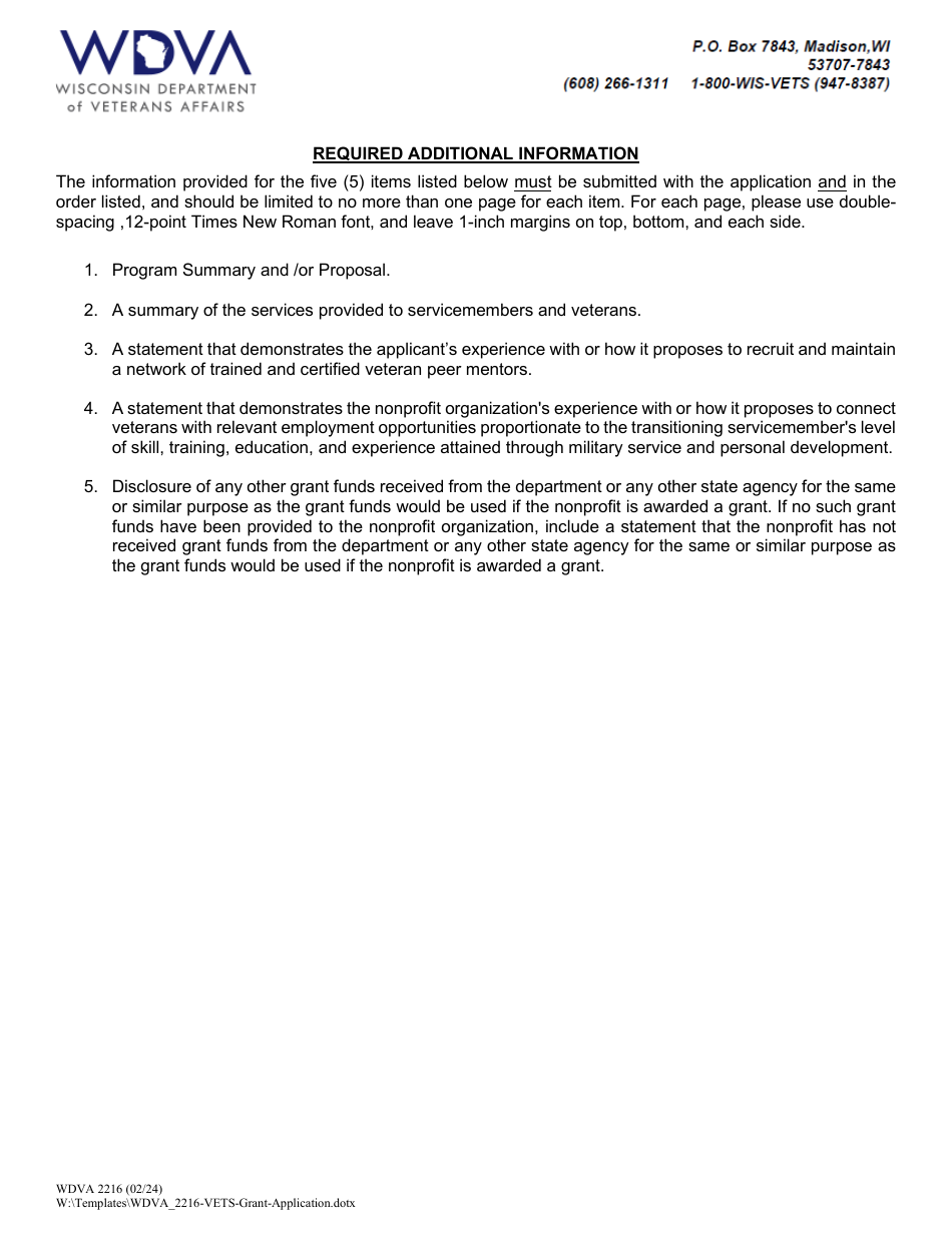 Form WDVA2216 Grant Application - Veterans Employment and Transition Support Grant Program - Wisconsin, Page 5