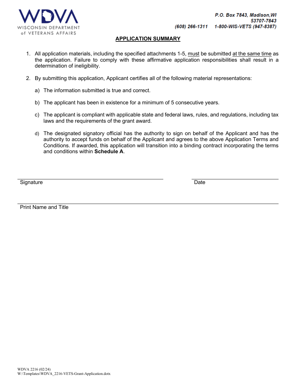 Form WDVA2216 Grant Application - Veterans Employment and Transition Support Grant Program - Wisconsin, Page 6