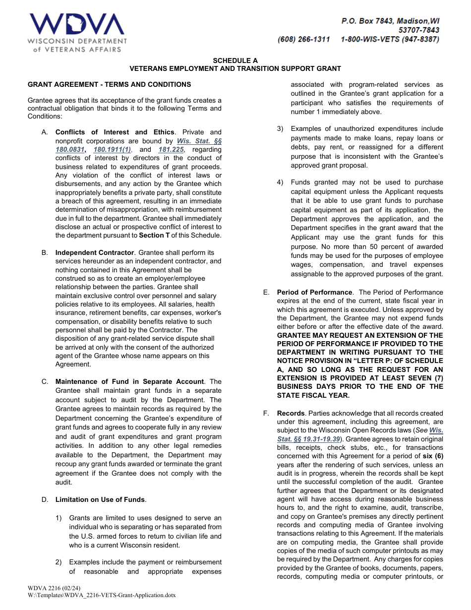Form WDVA2216 Grant Application - Veterans Employment and Transition Support Grant Program - Wisconsin, Page 7