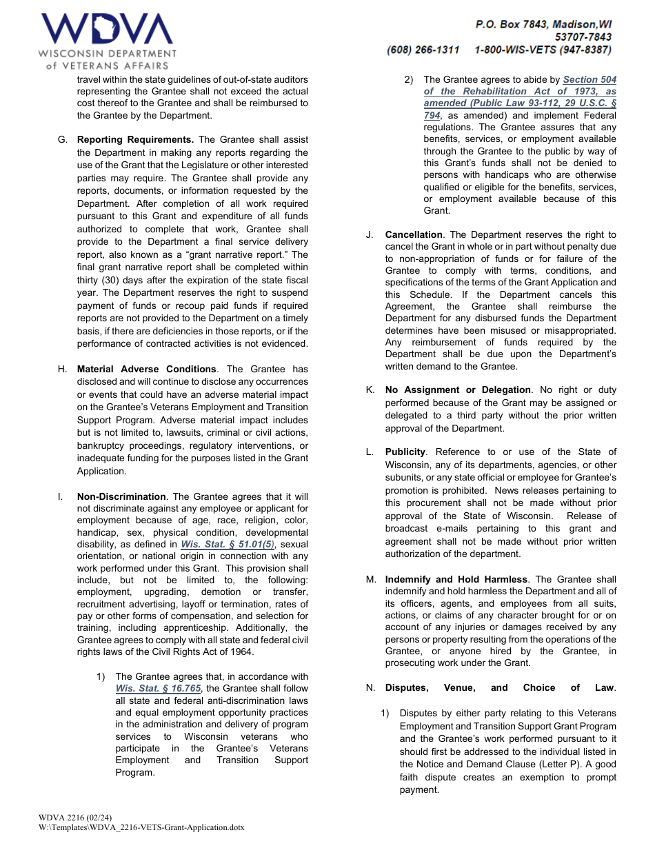 Form WDVA2216 Grant Application - Veterans Employment and Transition Support Grant Program - Wisconsin, Page 8