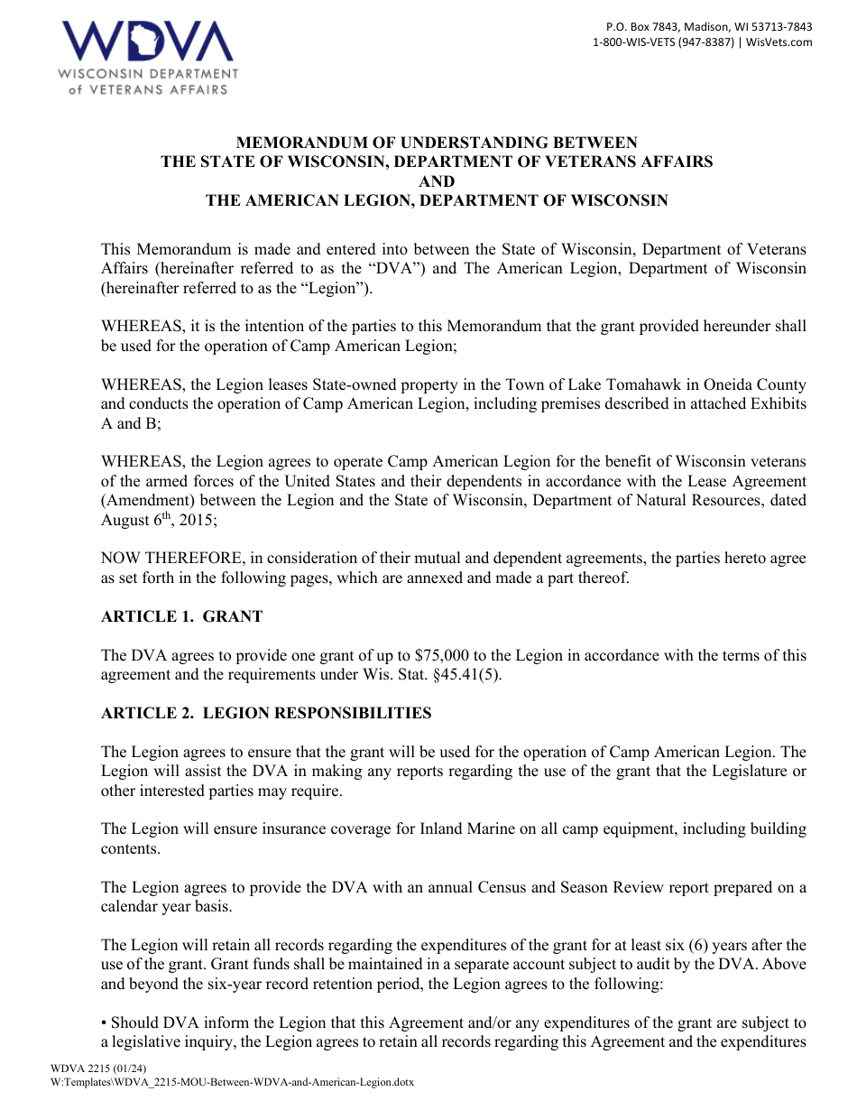 Form WDVA2215 Memorandum of Understanding Between the State of Wisconsin, Department of Veterans Affairs and the American Legion, Department of Wisconsin - Wisconsin, Page 1