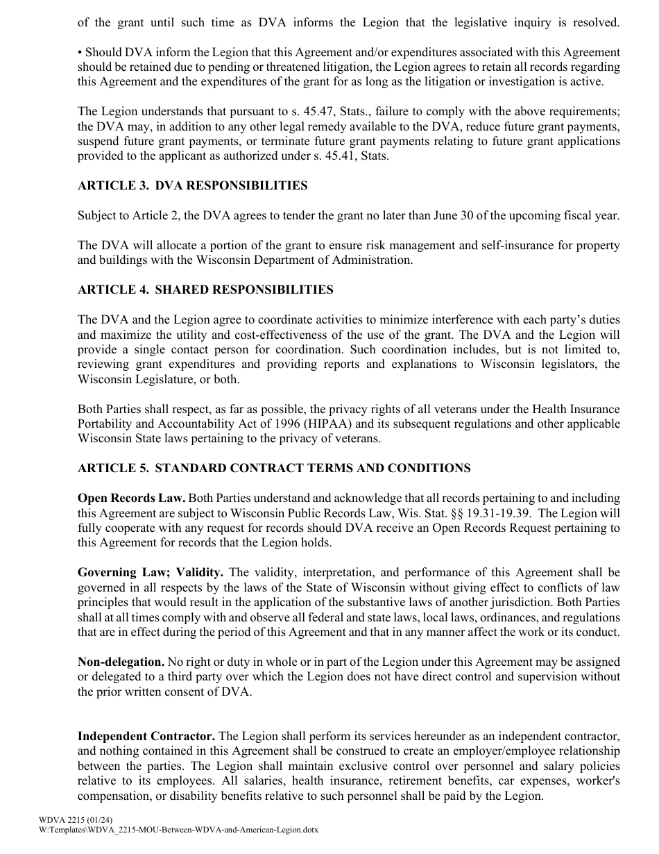 Form WDVA2215 Memorandum of Understanding Between the State of Wisconsin, Department of Veterans Affairs and the American Legion, Department of Wisconsin - Wisconsin, Page 2