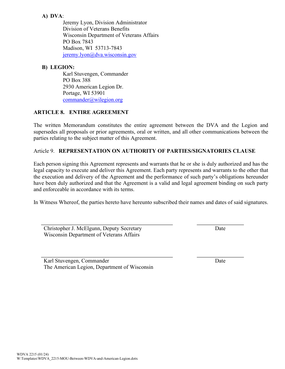 Form WDVA2215 Memorandum of Understanding Between the State of Wisconsin, Department of Veterans Affairs and the American Legion, Department of Wisconsin - Wisconsin, Page 4