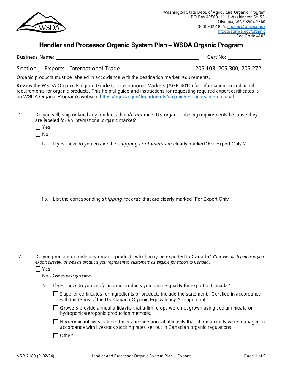 Form AGR2180 Section J Exports - International Trade - Handler and Processor Organic System Plan - Wsda Organic Program - Washington, Page 1