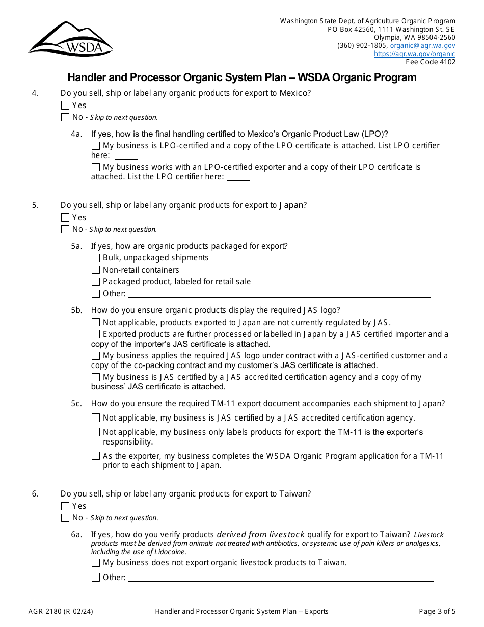 Form AGR2180 Section J Exports - International Trade - Handler and Processor Organic System Plan - Wsda Organic Program - Washington, Page 3