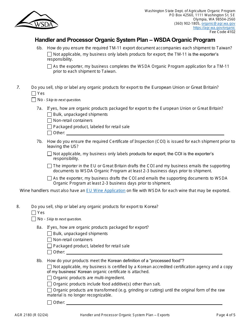 Form AGR2180 Section J Exports - International Trade - Handler and Processor Organic System Plan - Wsda Organic Program - Washington, Page 4