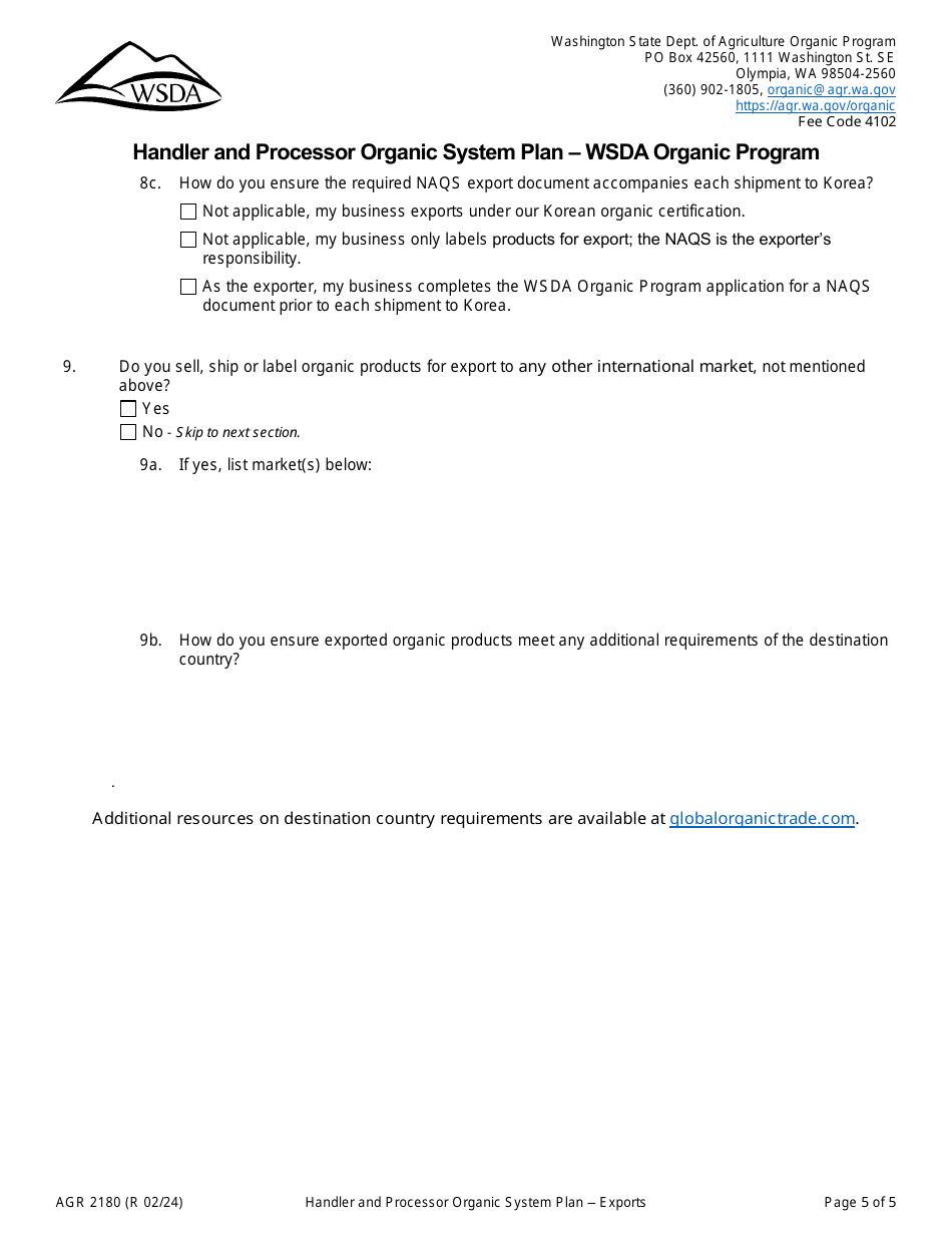 Form AGR2180 Section J Exports - International Trade - Handler and Processor Organic System Plan - Wsda Organic Program - Washington, Page 5