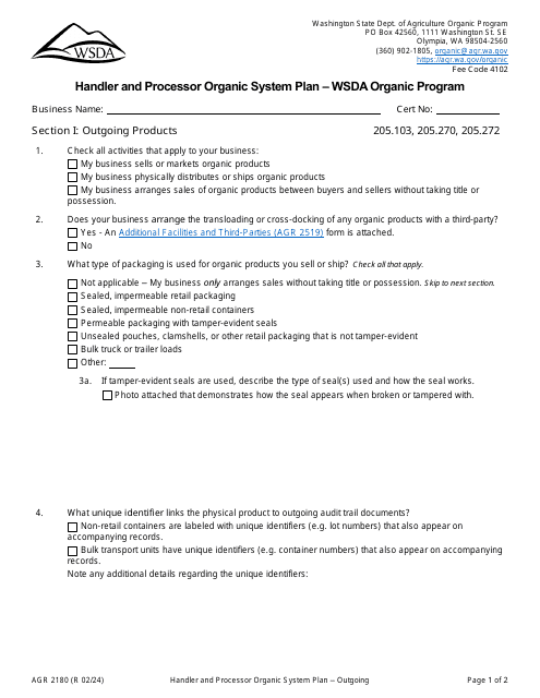 Form AGR2180 Section I Outgoing Products - Handler and Processor Organic System Plan - Wsda Organic Program - Washington