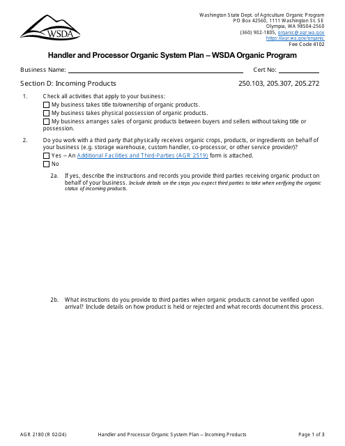 Form AGR2180 Section D Incoming Products - Handler and Processor Organic System Plan - Wsda Organic Program - Washington
